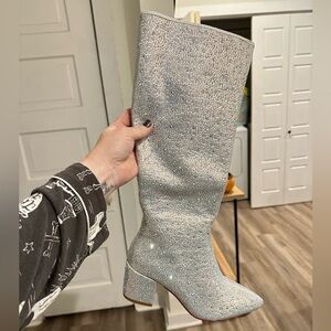 Irridescent Rhinestone Knee-High Boots